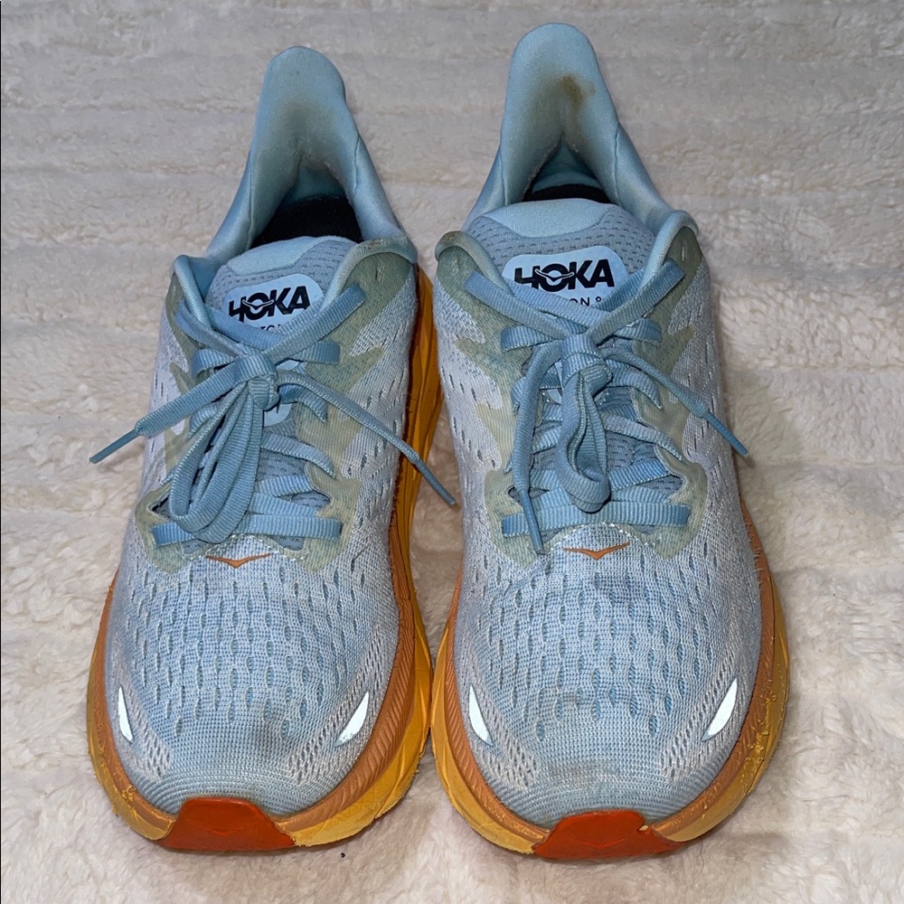 Hoka Clifton 8 Women's Light Blue and Orange Athletic Shoes